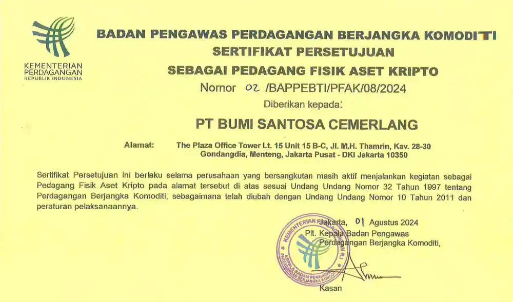 Lisensi Pedagang Fisik Aset Kripto (PFAK) Pluang dengan surat bernomor 02/BAPPEBTI/PFAK/08/2024